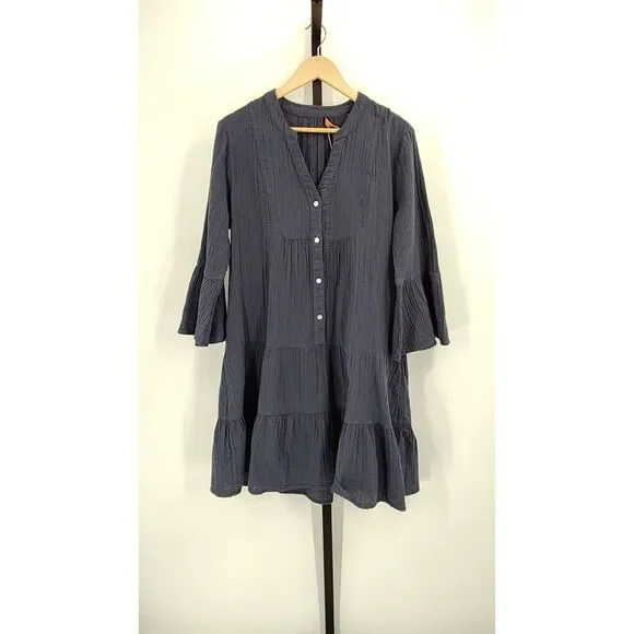 Quince 100% Organic Cotton Gauze Long Sleeve Tiered Mini Dress Indigo M - Picture 2 of 3